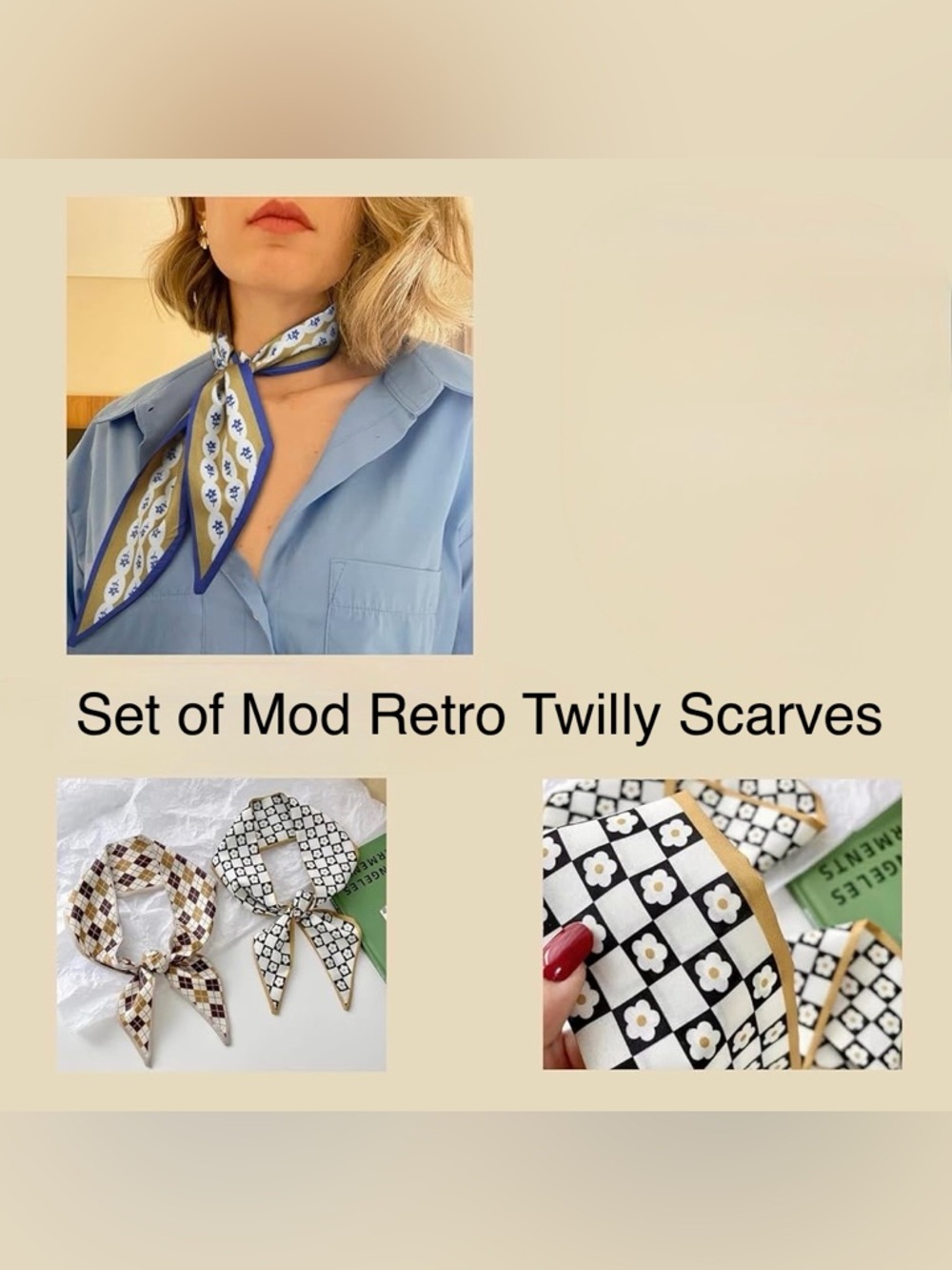 NWT Retro Skinny Scarf Set • French Girl Twilly Bundle • Mod Floral & Argyle - Picture 6 of 6